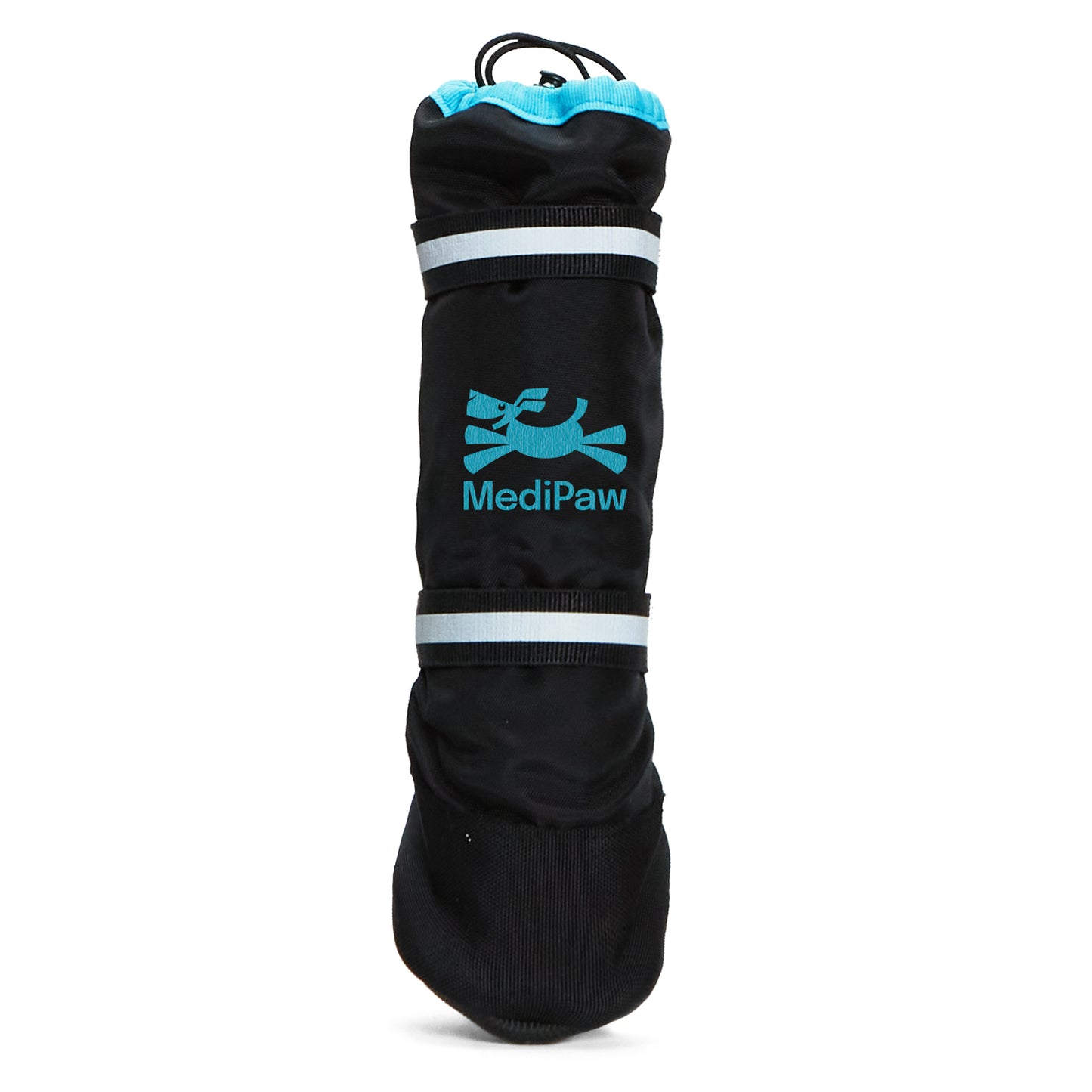 The "MediPaw Healing Slim Boot" by Your Whole Dog is a black protective dog boot with blue accents and the MediPaw logo, designed with antimicrobial lining for enhanced wound protection, featuring two reflective straps and a drawstring closure.