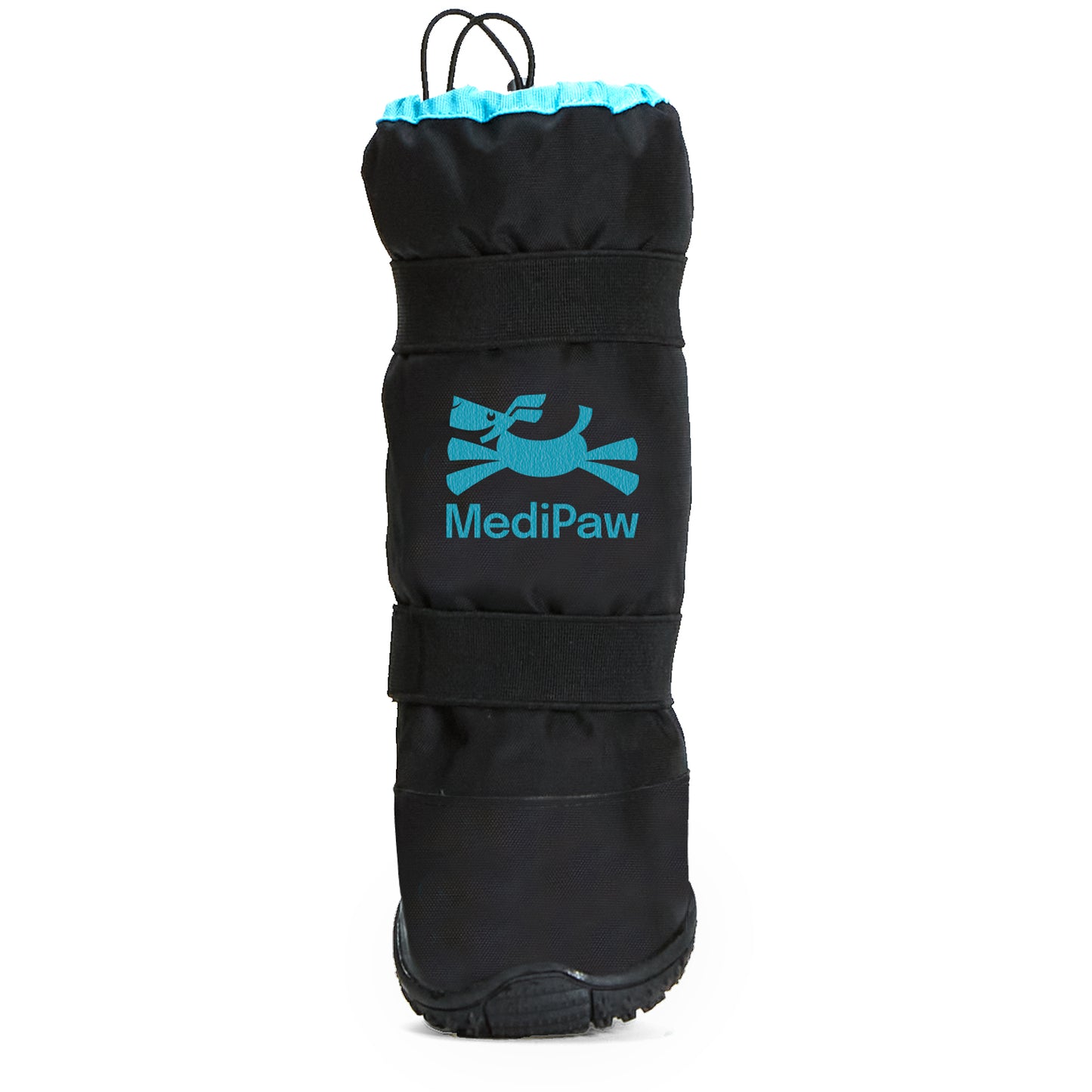 The MediPaw Rugged X-Boot, designed for pets, is a black protective boot featuring a blue logo and accents.