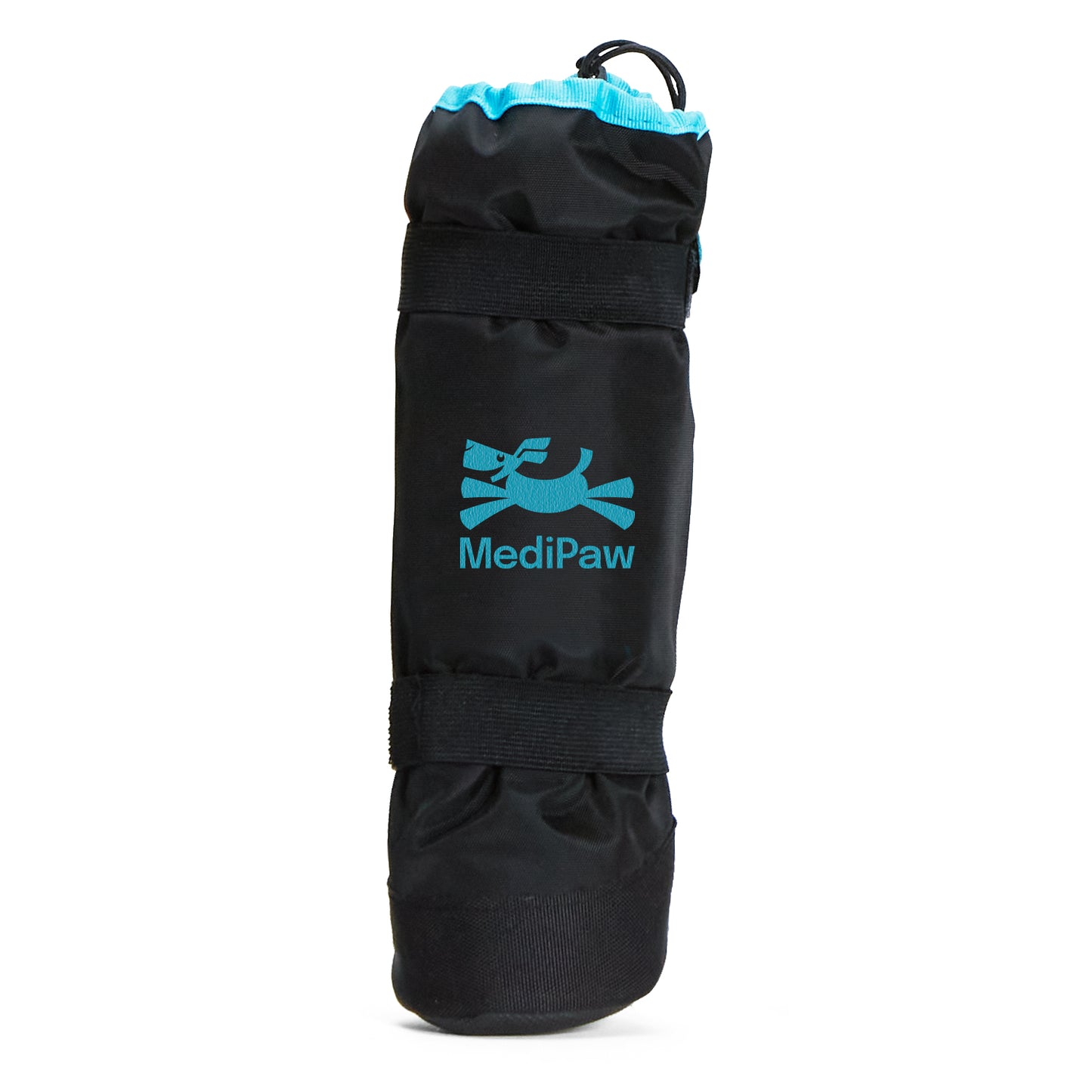 The black MediPaw Soft Bandage (Basic) Boot from Your Whole Dog, featuring blue detailing, is expertly designed with a waterproof nylon shell to protect an injured paw.