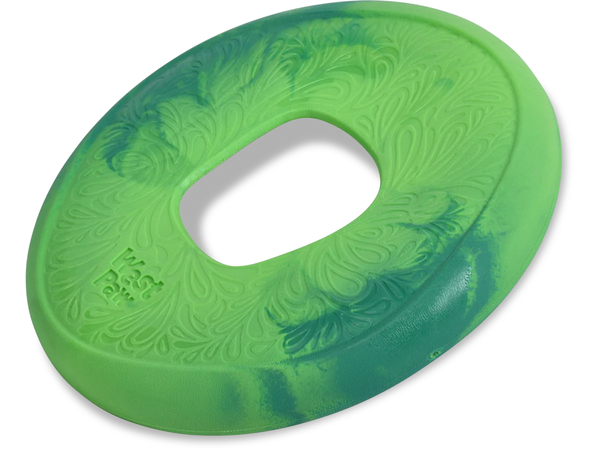 Introducing West Paw Sailz: This Seaflex Green Oval Dog Frisbee features a central hole and embossed feathers, ideal for fetch-loving pups.