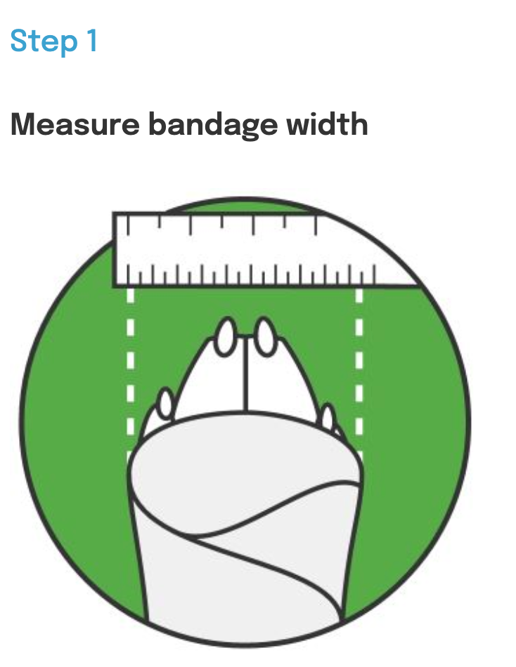 Illustration depicting a ruler measuring the width of a MediPaw Soft Bandage (Basic) Boot by Your Whole Dog as it wraps around an animal's paw, with dotted lines indicating the measurement points on the boot.