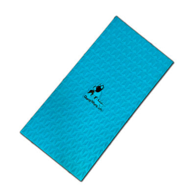 Introducing the Flexiness Canine Fitness Equipment's Flexiness SensiMat - V1-V2-V3: a blue yoga mat featuring a textured pattern and central logo, crafted for superior tactile stimulation and non-slip performance.