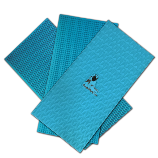Three blue Flexiness SensiMat V1-V2-V3 foldable foam mats from Flexiness Canine Fitness Equipment are stacked, featuring a logo on the top mat. These non-slip mats provide excellent tactile stimulation for various activities.