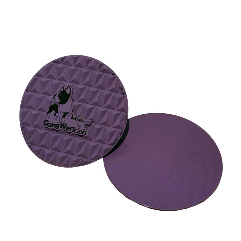 The Flexiness SensiTarget by Your Whole Dog includes two round purple coasters, one upright and the other lying flat, featuring a geometric pattern with a dog logo on one. These coasters are designed to provide tactile stimulation and serve as ideal paw targets for enhancing perception in playful environments.