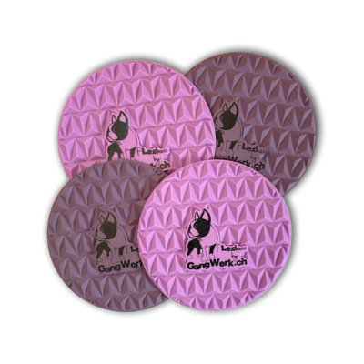 The Flexiness SensiTarget by Your Whole Dog offers a set of four round, textured coasters in pink and brown, adorned with a stylized cat logo and "GangWerk.ch" text, combining visual appeal with tactile stimulation.