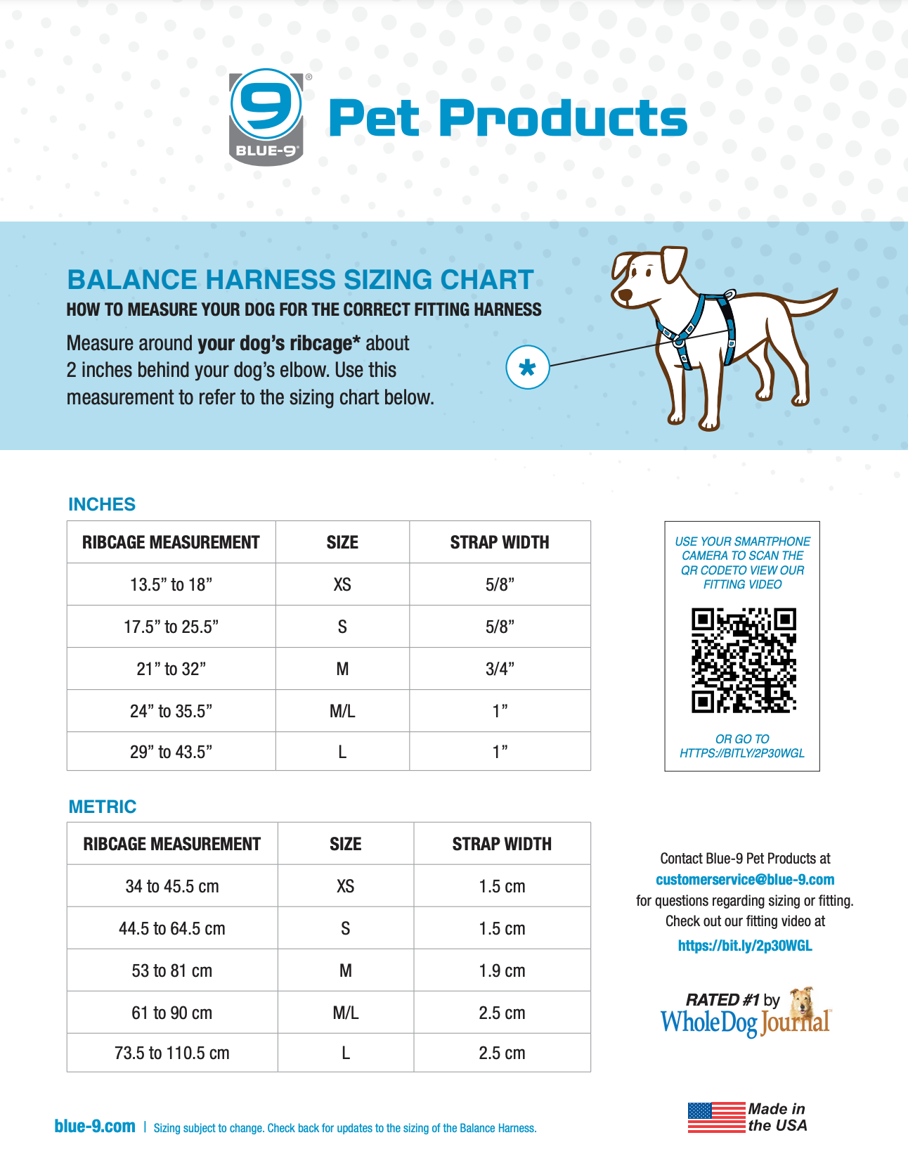 The Blue-9 Balance Harness - PRE-ORDER sizing chart offers ribcage measurements in inches and centimeters for this adjustable harness. It includes instructions, tables, multiple leash attachment points, a QR code, and contact information for your convenience.