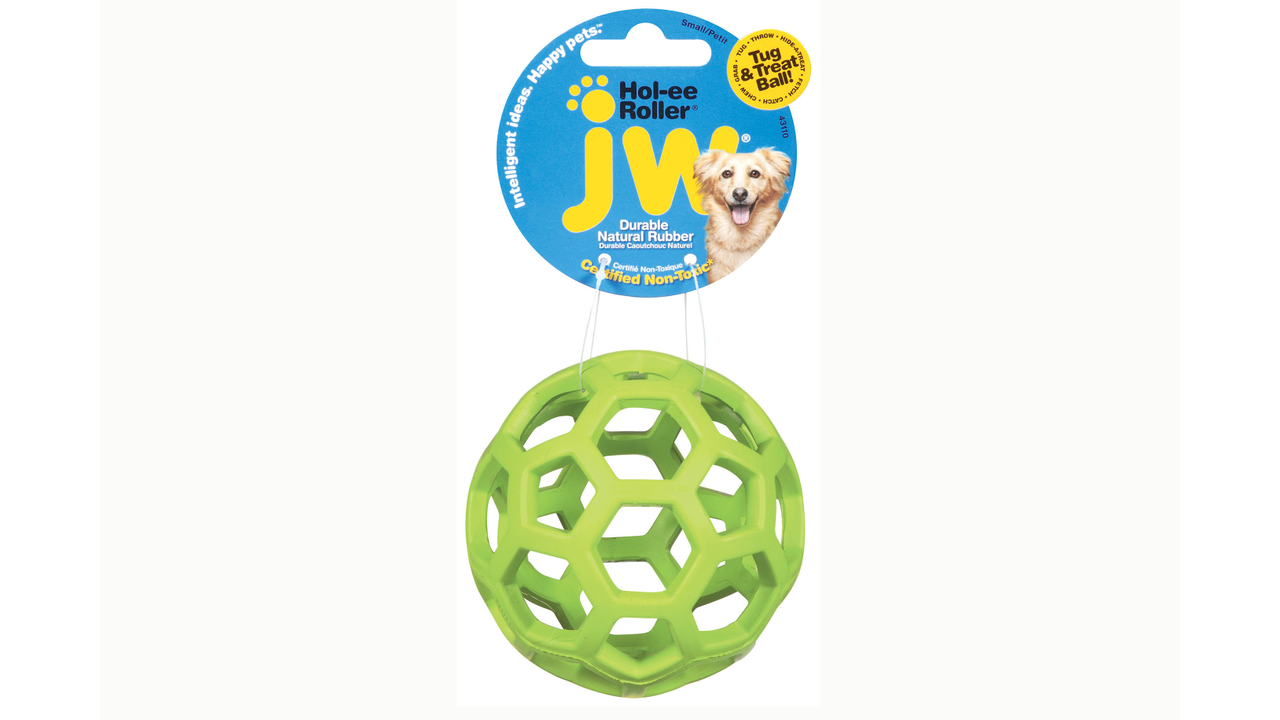 The JW Hol-ee Roller by Your Whole Dog is made from tough natural rubber and has an open lattice design for endless fun.