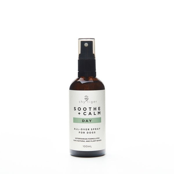 Spray bottle labeled "Shy Tiger Soothe + Calm DAY Spray" by Your Whole Dog, featuring a brown body and black nozzle, infused with Tasmanian lavender oil for dog calming and emotional balancing, 100ml.