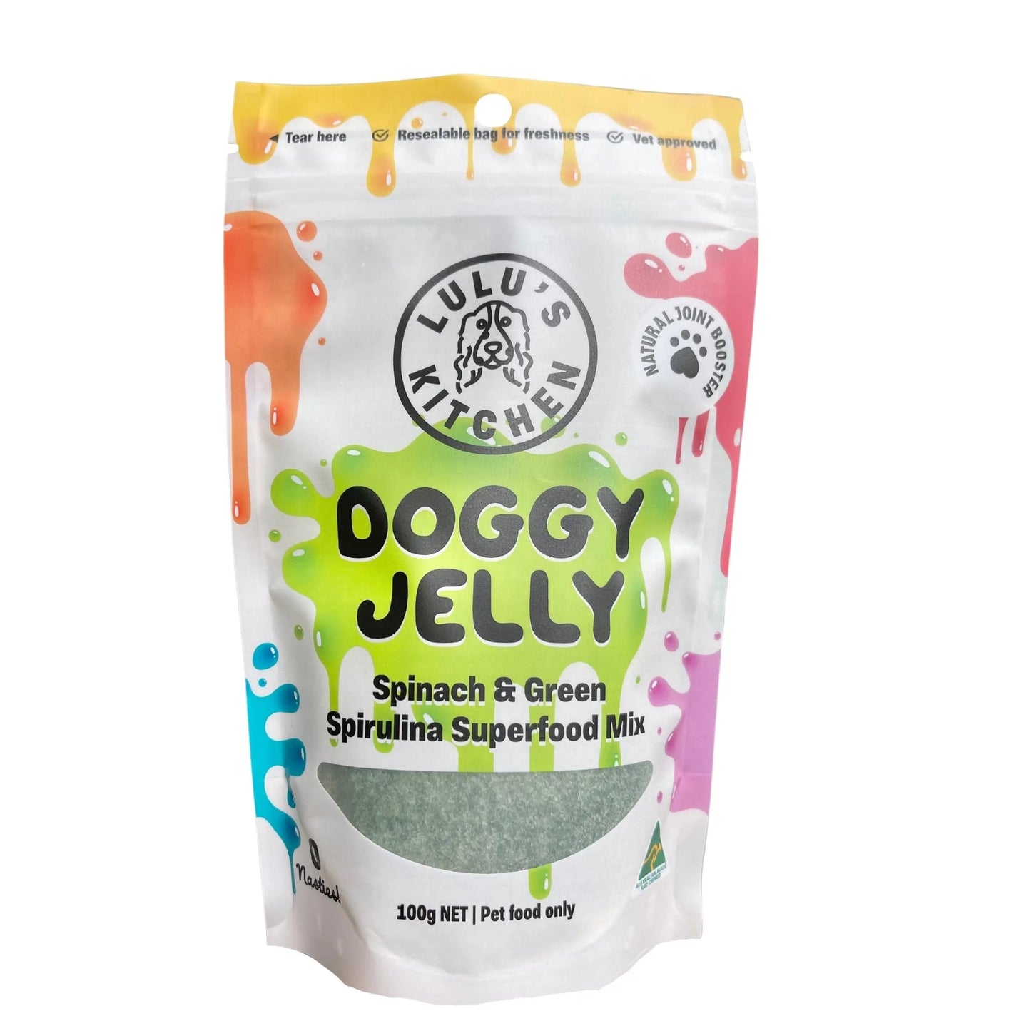 A 100g Lulu's Kitchen Doggy Jelly package, enriched with Spinach & Green Spirulina, specially crafted for dogs, offered in a resealable bag with easy tear instructions.