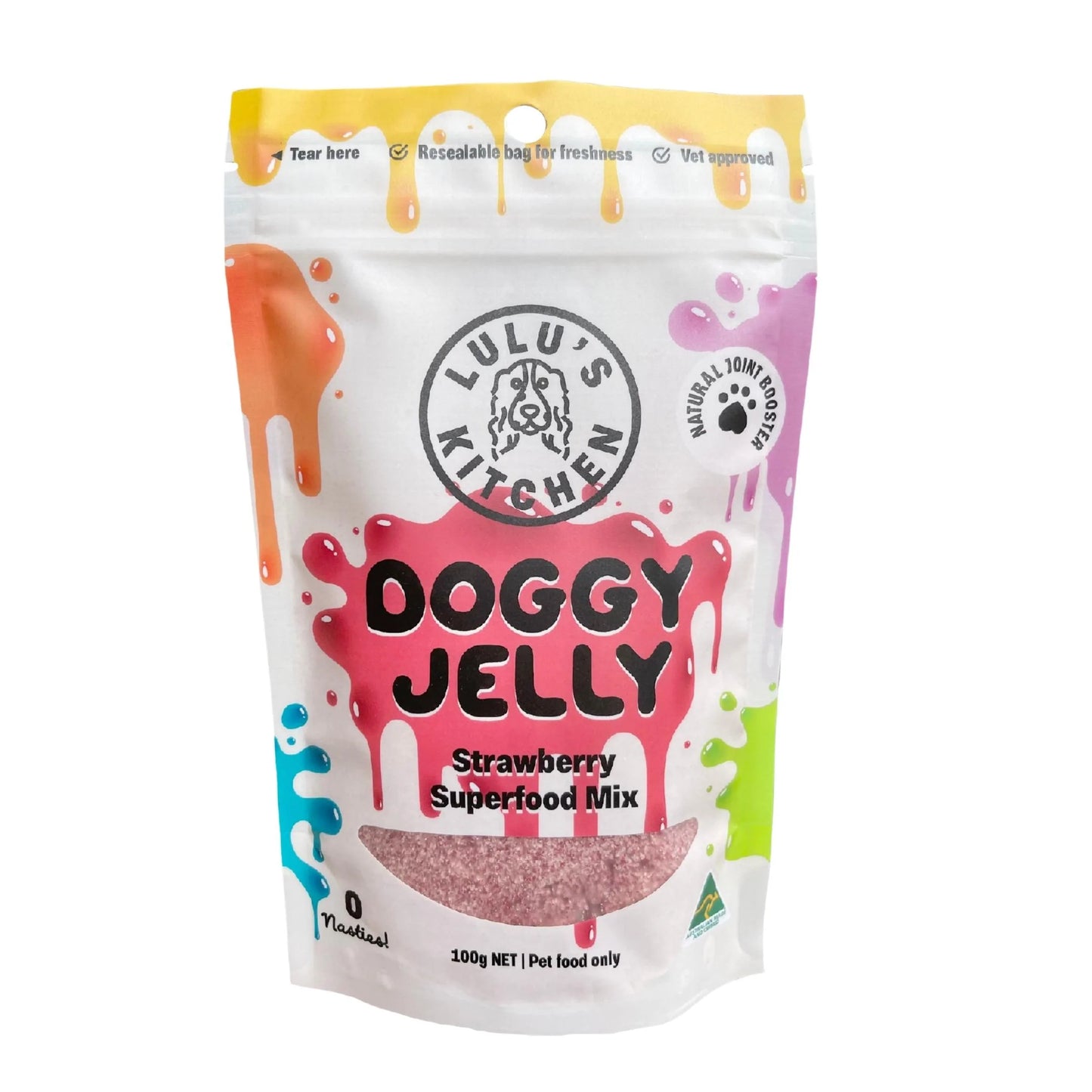 Lulu's Kitchen Doggy Jelly - Strawberry comes in a 100g resealable white bag with colorful designs, packed with nutrient-rich jelly and made from Australian pure gelatin for your furry friend's delight!.