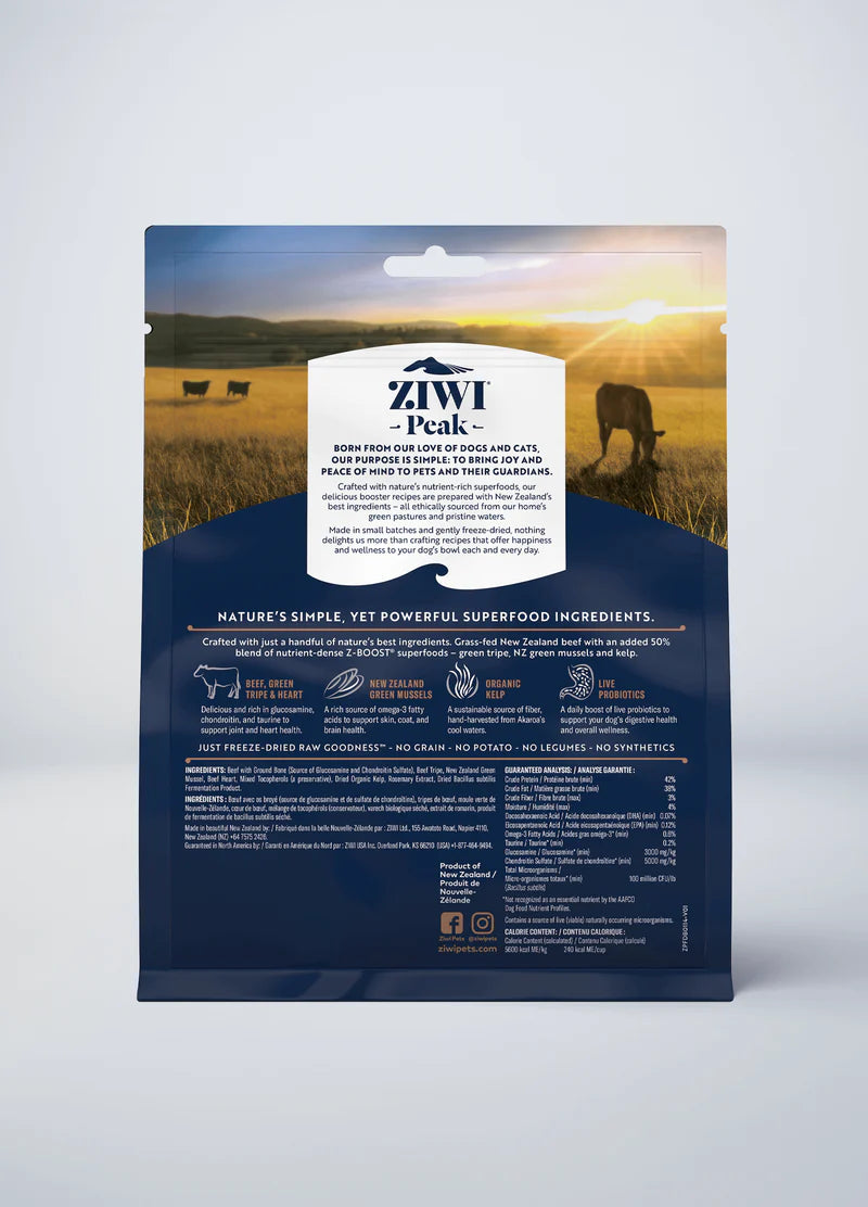 A package of SALE: ZIWI Peak Freeze-Dried Raw Superboost Beef dog food from Your Whole Dog against a plain background.