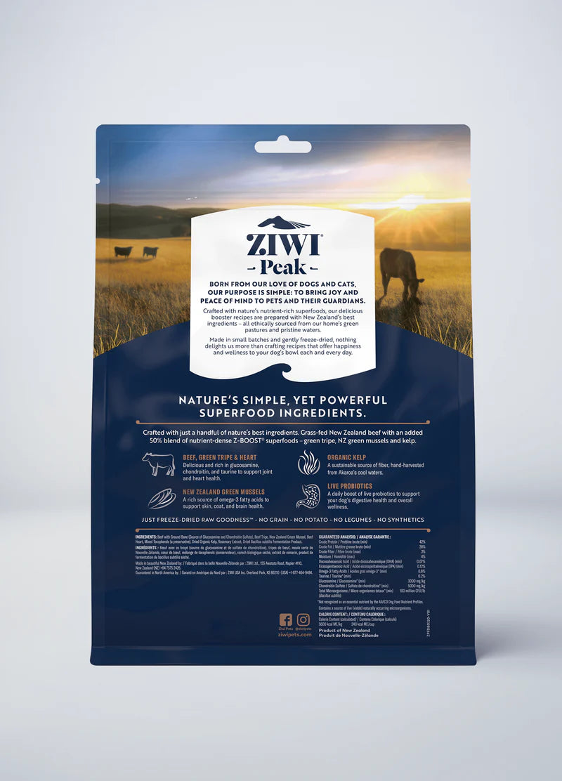 Packaging of SALE: ZIWI Peak Freeze-Dried Raw Superboost Beef dog food with a background image of grazing cattle and superfoods by Your Whole Dog.