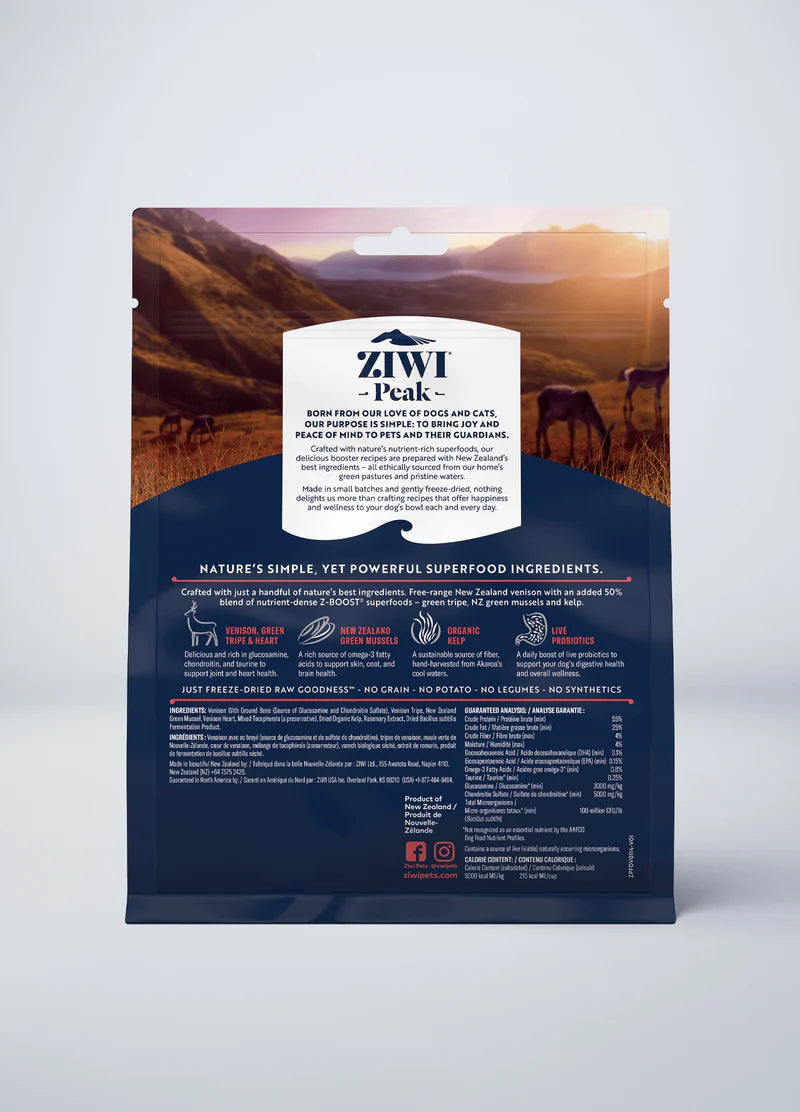 A bag of SALE: ZIWI Peak Freeze-Dried Raw Superboost Venison dog food from Your Whole Dog against a plain background.