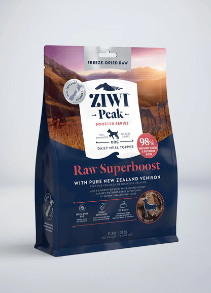 A package of SALE: ZIWI Peak Freeze-Dried Raw Superboost Venison dog meal topper from Your Whole Dog, with a label emphasizing its New Zealand origin and 98% meat and superfood recipe.