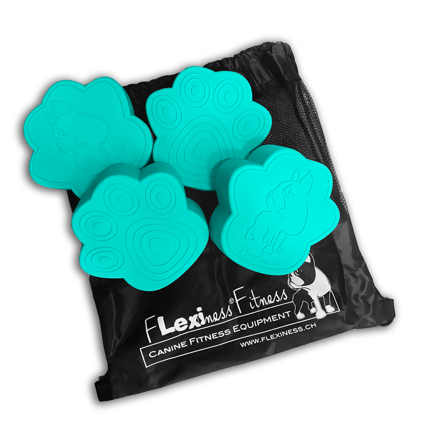 Discover the Flexiness ToyPawDiscs: a set of four teal, paw-shaped balance tools from Flexiness Canine Fitness Equipment. Ideal for canine fitness fans, they come in a chic black drawstring bag labeled "Flexiness Fitness" for tidy storage in style.