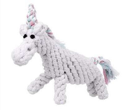 The Jax & Bones Unicorn 8" Rope Toy by Jax & Bones - Rope Toys is a white woven unicorn crafted from all-natural cotton with a horn, eyes, and multicolored tail, all dyed with non-toxic vegetable dyes.