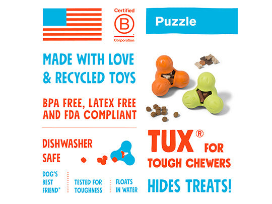 The image features the West Paw Tux dog toy puzzle by Your Whole Dog, ideal for tough chewers. Made with recycled materials, it's BPA and latex-free, FDA compliant, and dishwasher safe. This treat toy floats and includes hiding spots to keep your pet engaged.