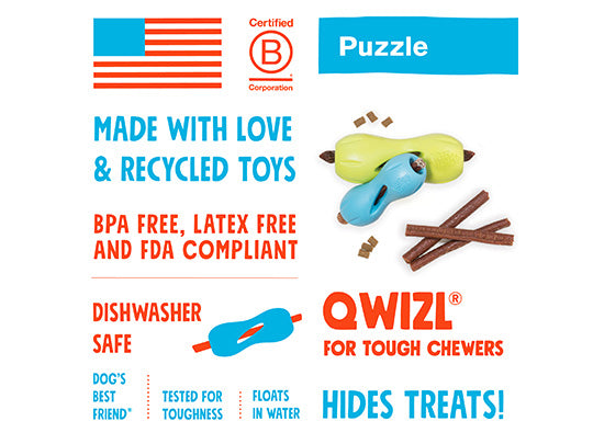 West Paw Qwizl, available from Your Whole Dog,— engineered for tough chewers and designed as a clever treat-dispensing toy. Made with BPA-free materials, this toy is entirely dishwasher safe, featuring American flag and dog chew designs.