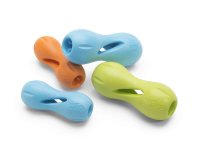 The West Paw Qwizl from Your Whole Dog, a set of four dog chew toys in vibrant blue, orange, and green hues, are displayed on a white background. These toys are ideal for tough chewers and are conveniently dishwasher safe for easy cleaning.