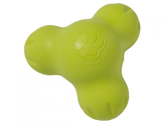 Introducing the West Paw Tux by West Paw: a bright green, rubber dog toy with a three-lobed design ideal for tough chewers. It features an embossed paw print logo at the center and is dishwasher safe for easy cleaning.