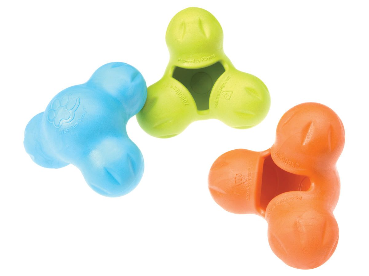 West Paw Tux by West Paw offers three tough chewer-friendly toys in blue, green, and orange. Each features three rounded protrusions and a hollow center for stuffing treats. They're also dishwasher safe for easy cleaning.