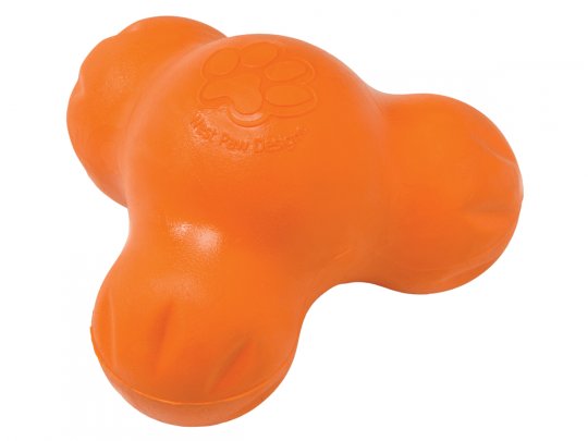 The West Paw Tux by West Paw is an orange dog chew toy with a triple-lobed design and an embossed paw print, ideal for tough chewers. It's a treat toy that's both fun and functional, plus it's dishwasher safe for easy cleaning.