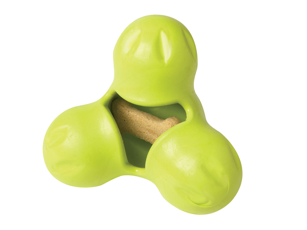The West Paw Tux by West Paw is a green rubber dog toy designed with three rounded ends and an opening. It's perfect for tough chewers, holds a brown treat inside, and is dishwasher safe.
