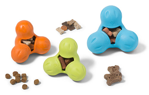 The West Paw Tux by Your Whole Dog includes three triangular dog toys in orange, green, and blue, perfect for tough chewers. Each toy is filled with treats and accompanied by loose treats for added excitement. Plus, they are dishwasher safe for easy cleaning.