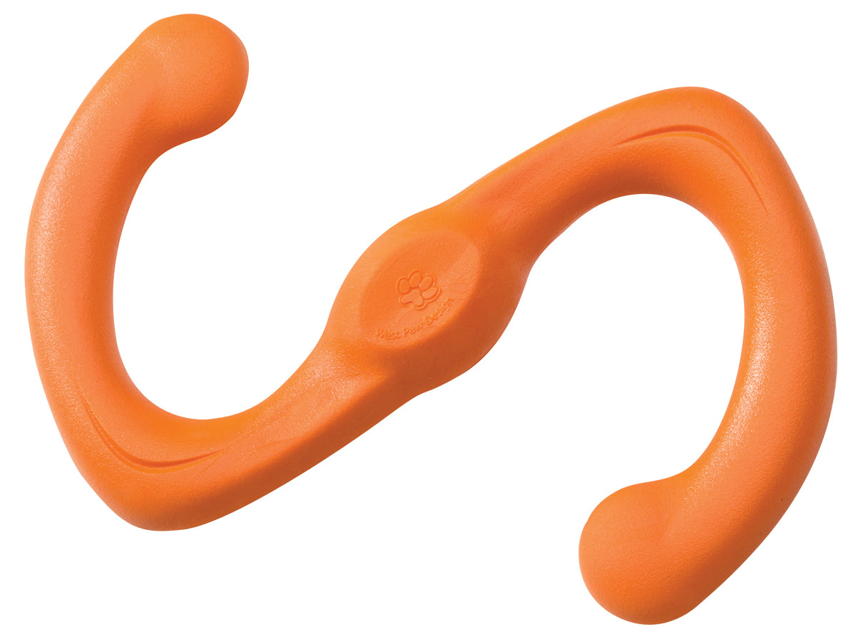 Experience the quality of Your Whole Dog's West Paw Bumi, a durable orange dog chew toy featuring a double-curved design and embossed paw print. This flexible tug toy is perfect for adventurous pups.