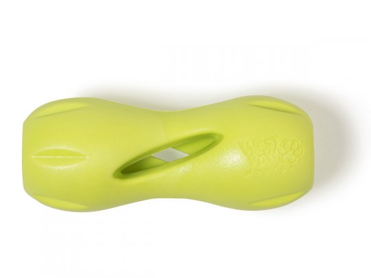 The West Paw Qwizl at Your Whole Dog is a green, bone-shaped dog toy designed with a hollow center and textured surface, making it ideal for tough chewers. It serves as a treat dispensing toy and is dishwasher safe for easy cleaning.
