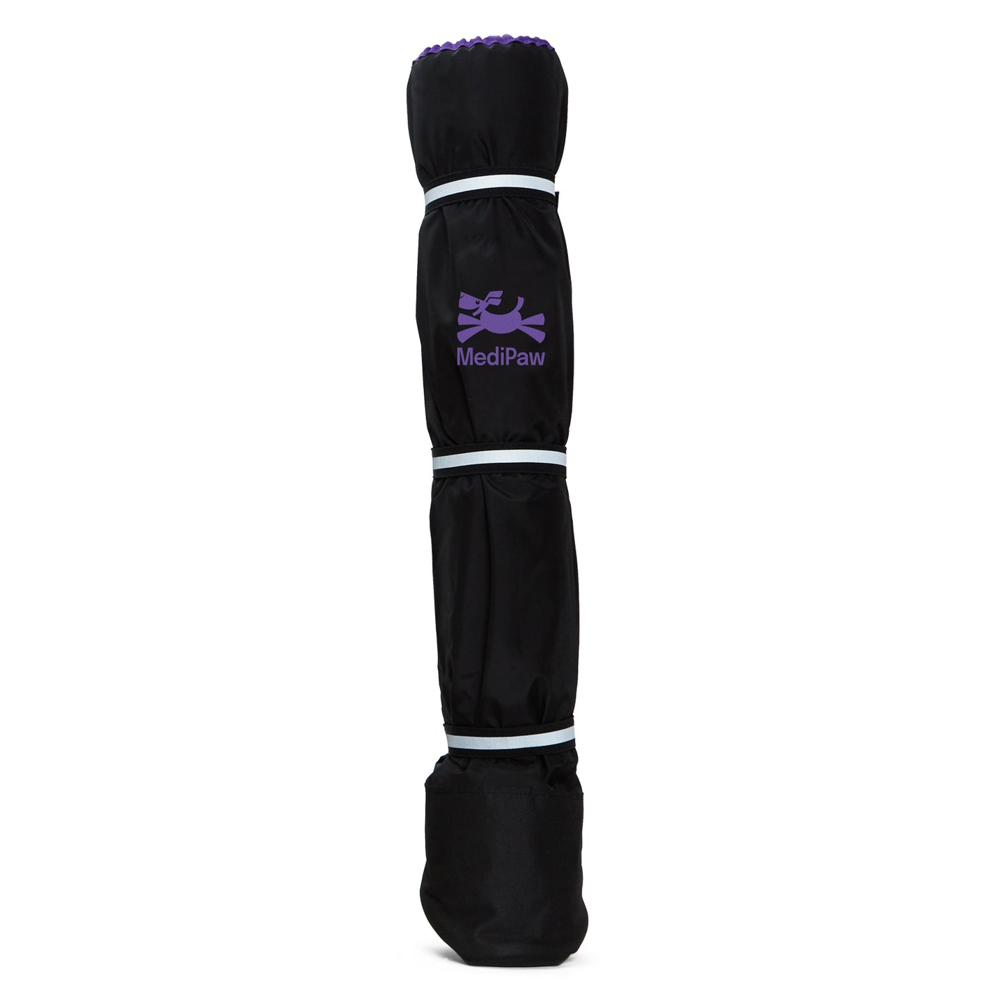 The MediPaw Healing Slim Boot by Your Whole Dog showcases purple accents and provides superior wound protection with its antimicrobial lining, expertly designed to cover and safeguard injured or healing pet legs.