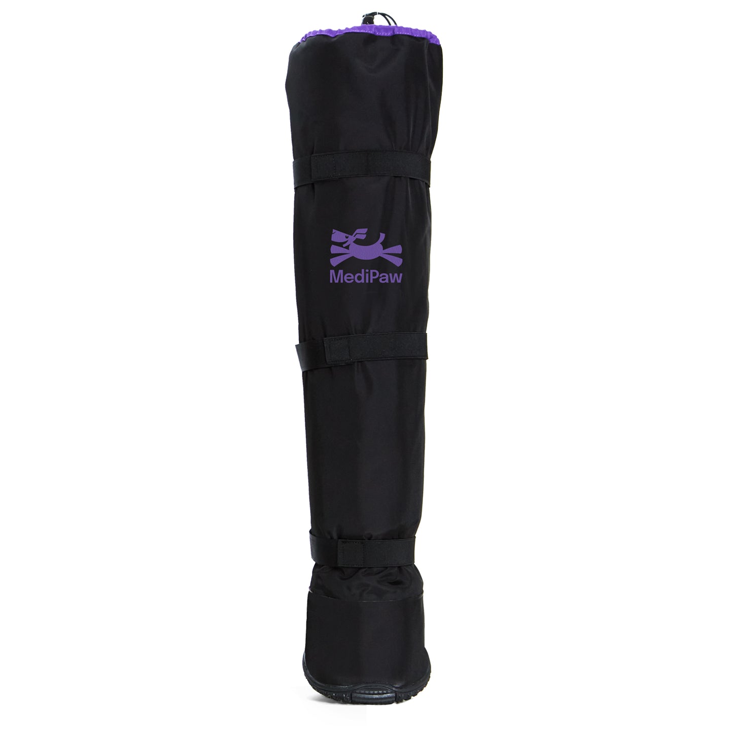 The MediPaw Rugged X-Boot in black, featuring a purple logo, is expertly crafted for pet care. It includes adjustable straps and provides excellent protection with its built-in protective boot.