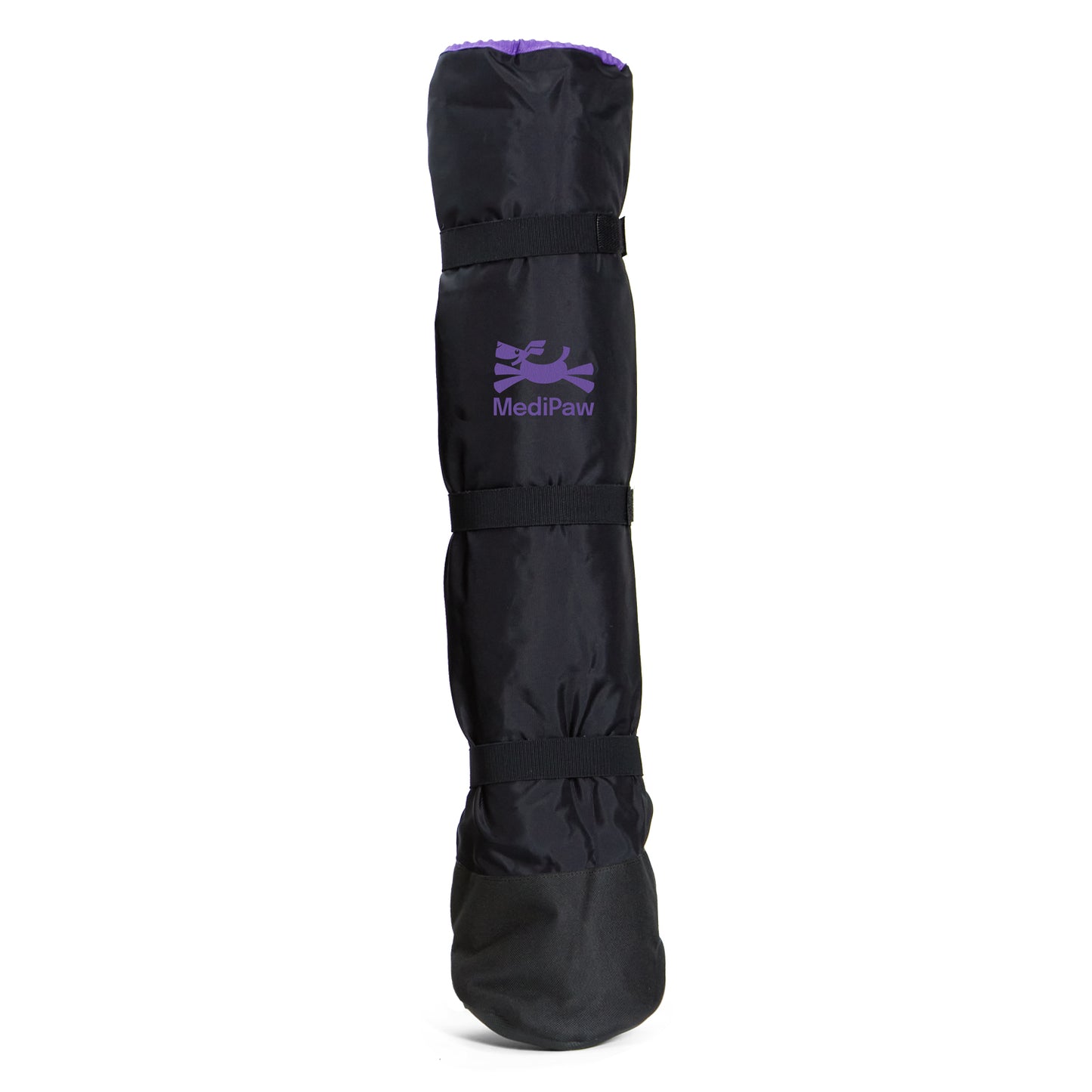 The "MediPaw Soft Bandage (Basic) Boot" by Your Whole Dog is a black, cylindrical protective leg cover for pets, featuring an adjustable strap design and a waterproof nylon shell to ensure durability.