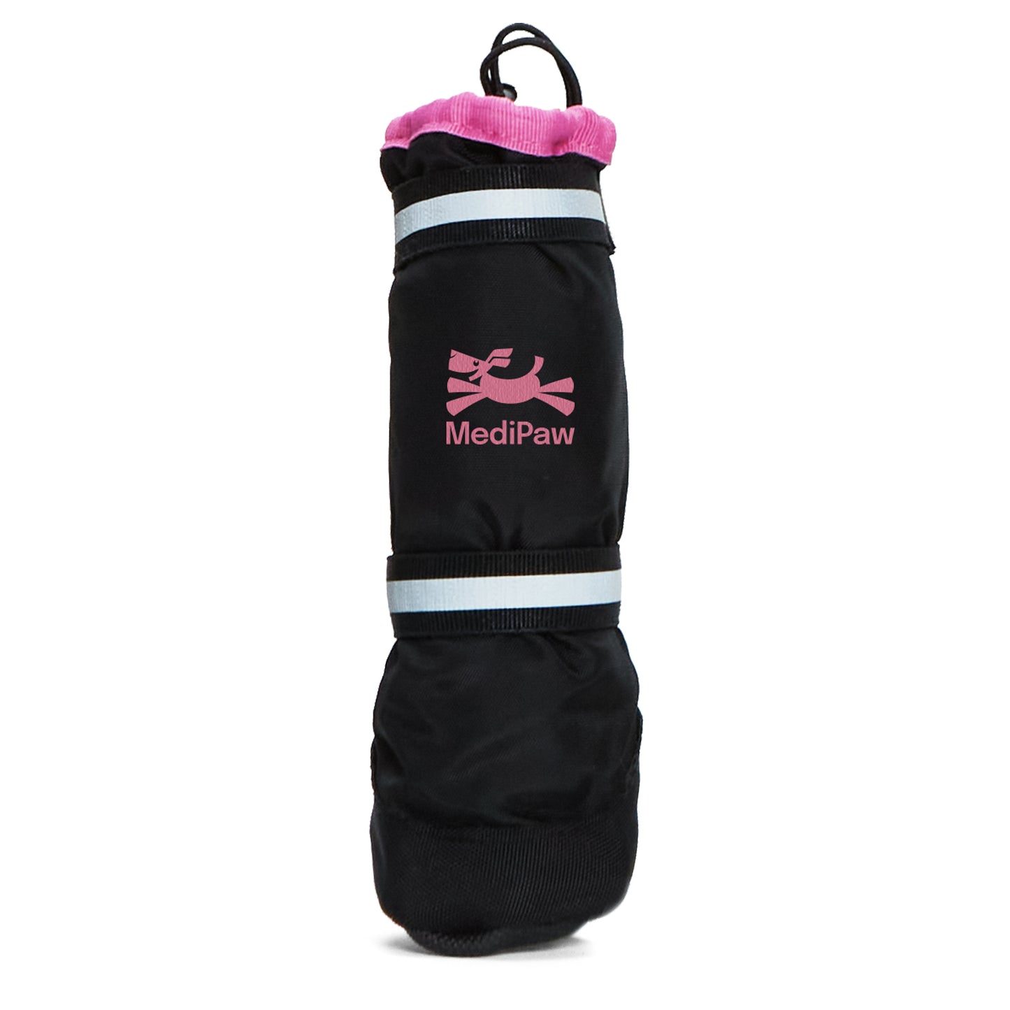 The MediPaw Healing Slim Boot by Your Whole Dog is a black pet leg cover featuring a pink MediPaw logo, reflective straps, a pink cuff at the opening, and an antimicrobial lining for enhanced wound protection.