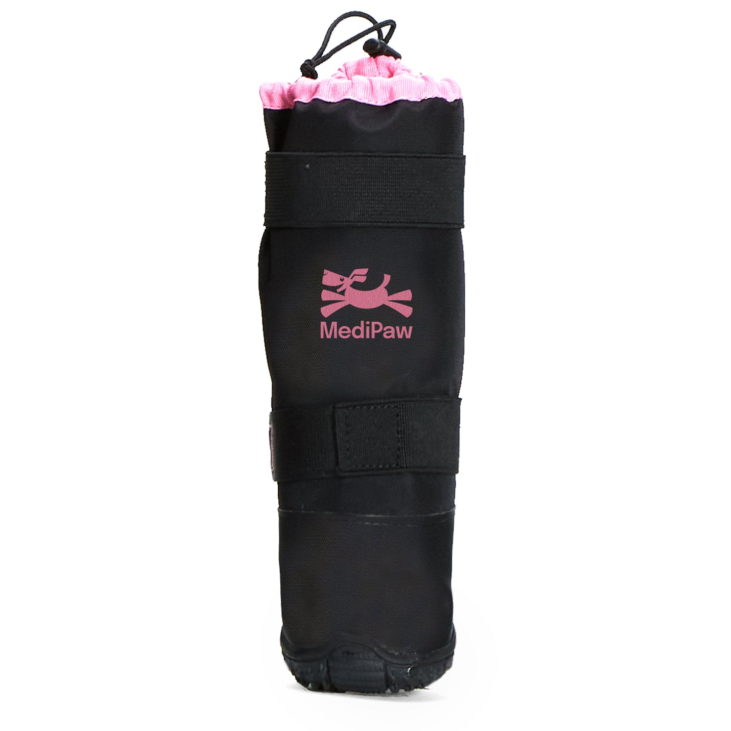 The MediPaw Rugged X-Boot in black and pink provides protection with Velcro straps and a drawstring closure, ensuring a secure fit for your dog's paws.
