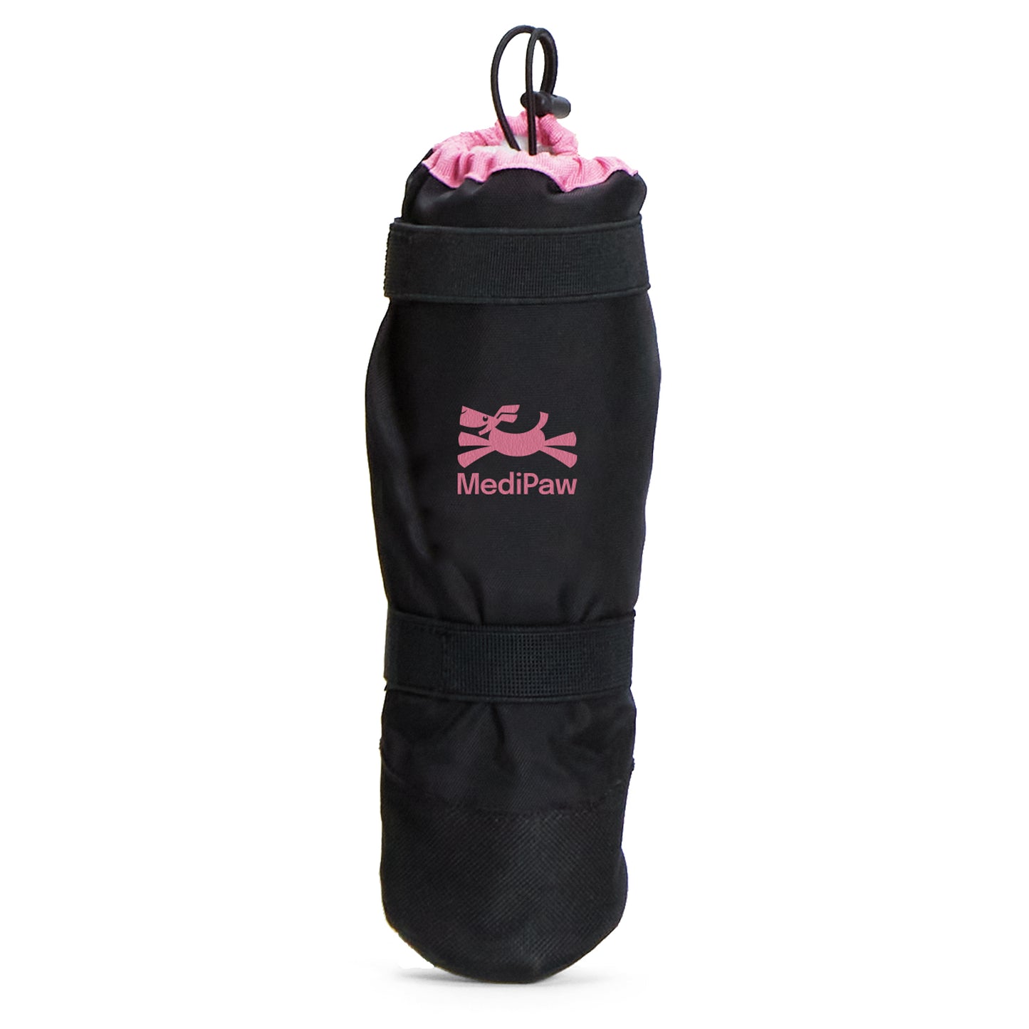 A black and pink Your Whole Dog MediPaw Soft Bandage (Basic) Boot featuring a waterproof nylon shell, complete with a drawstring closure and straps.