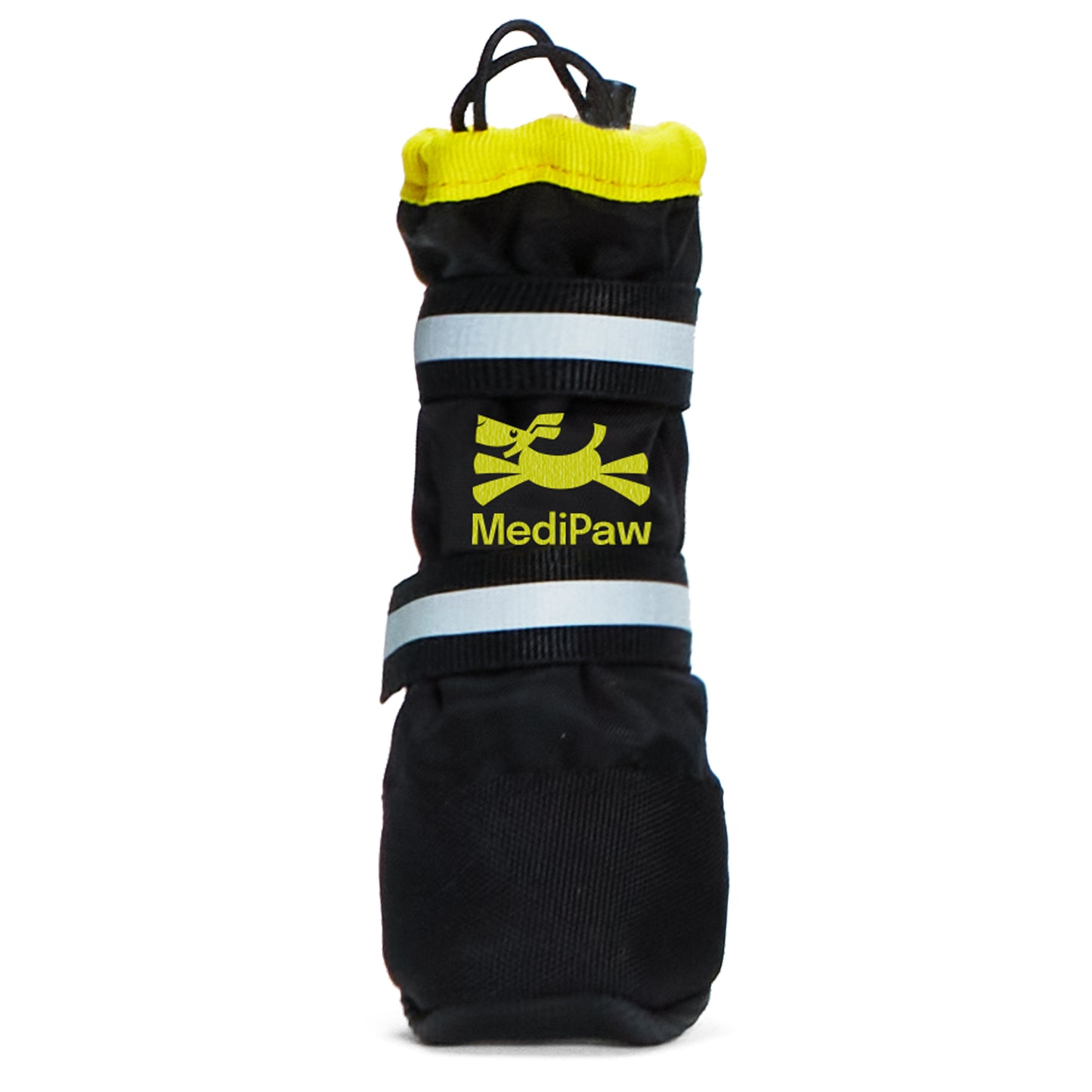 The MediPaw Healing Slim Boot by Your Whole Dog, available in black, includes an antimicrobial lining and features yellow trim with reflective straps for improved visibility. Ideal for wound protection, these boots keep your pet comfortable and safe.