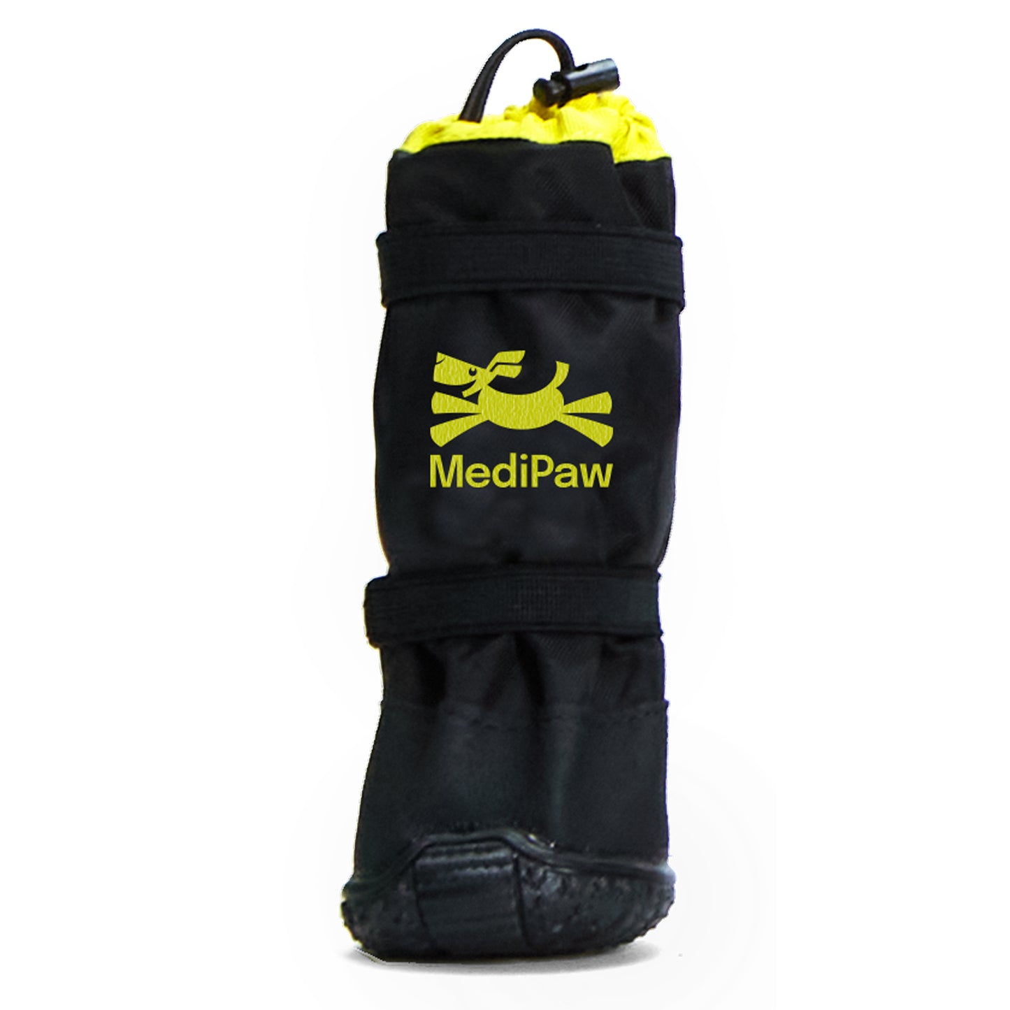 The MediPaw Rugged X-Boot is a black dog boot with a yellow lining, drawstring closure, and features the MediPaw logo in yellow, offering protection.