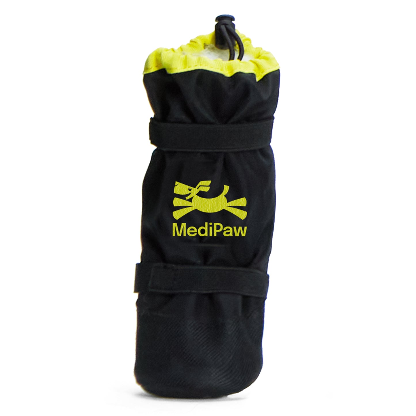 A black and yellow MediPaw Soft Bandage (Basic) Boot by Your Whole Dog, featuring a waterproof nylon shell with adjustable straps and a drawstring closure for a secure fit.