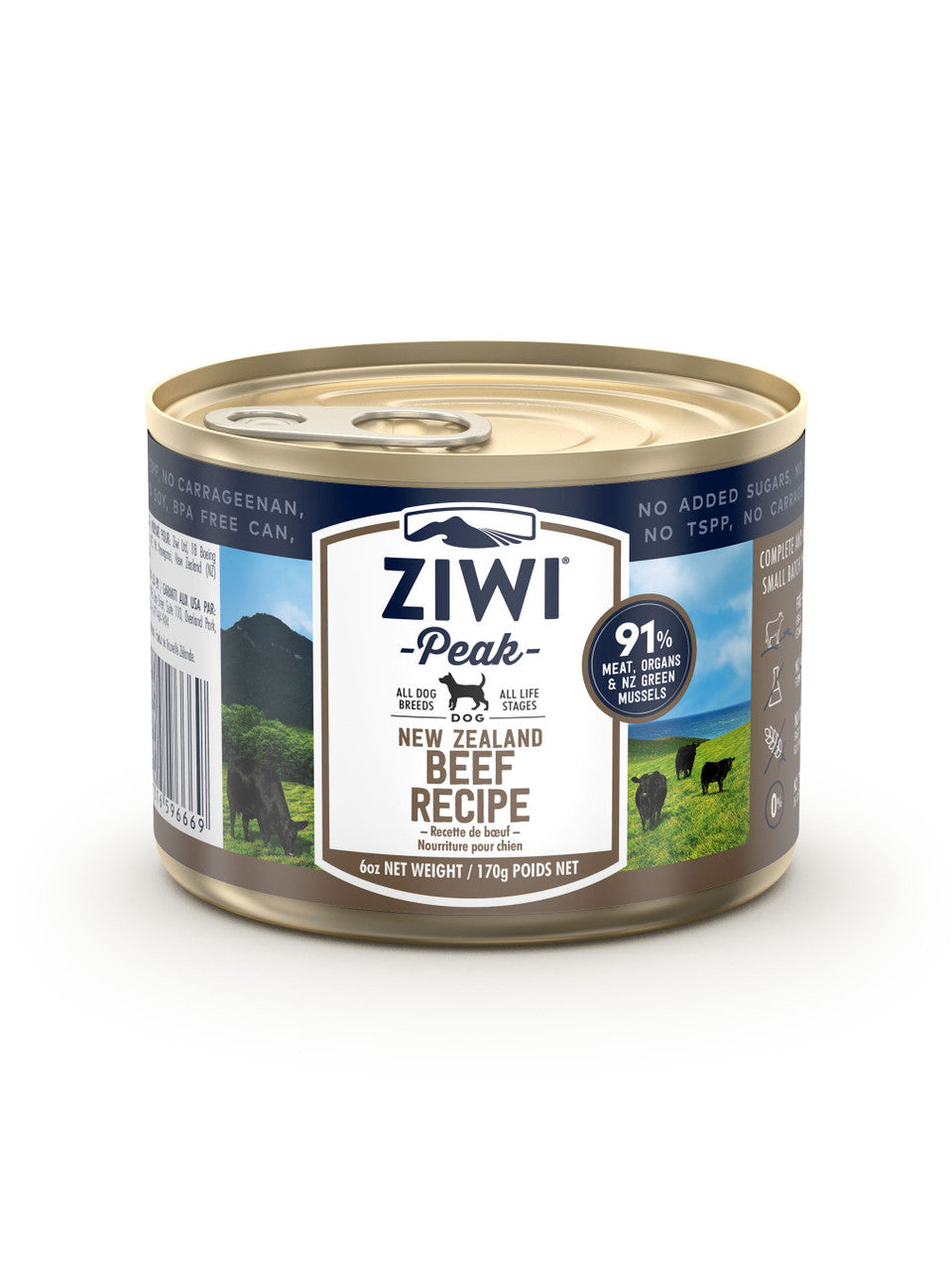 A can of ZIWI Peak Canned Beef Recipe for Dogs features cow and pasture images, highlighting its natural ingredients and nutritional benefits from premium New Zealand grass-fed beef.