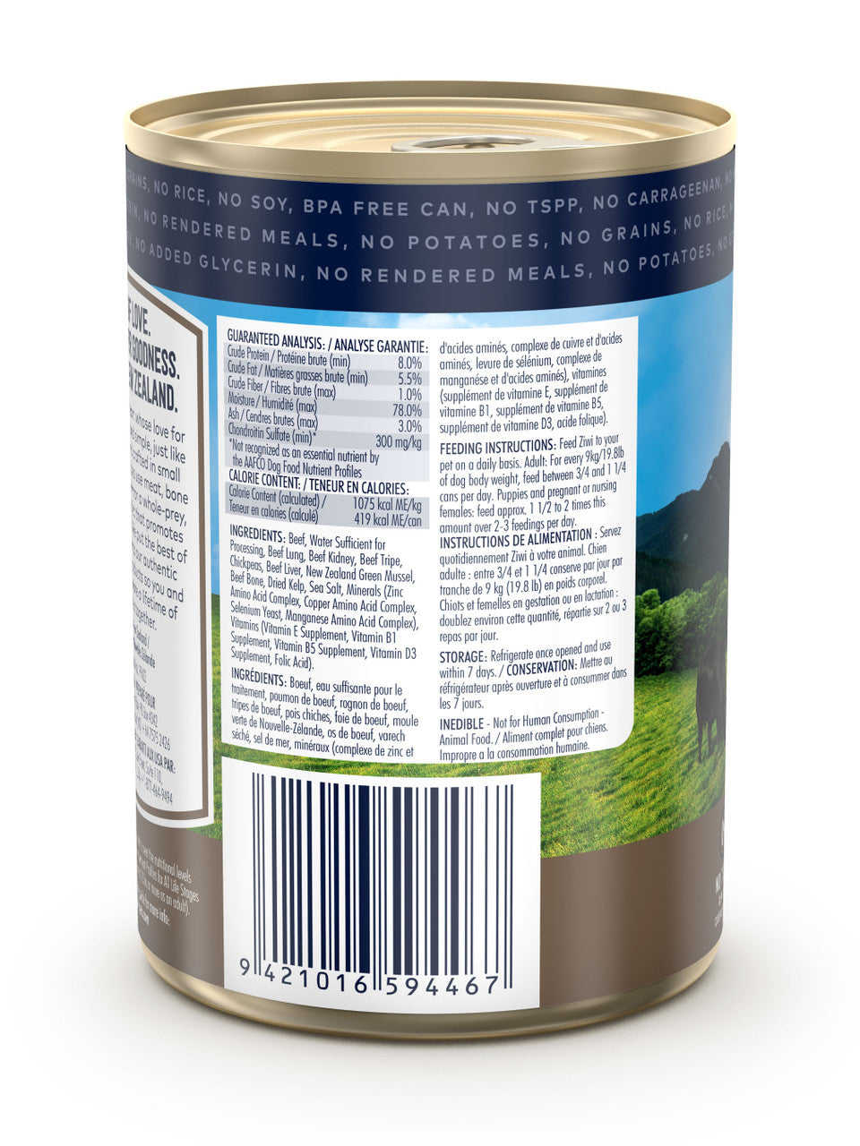 The back of the ZIWI Peak Canned Beef Recipe for Dogs, by Ziwi Peak, displays nutritional info and feeding guidelines. It highlights premium New Zealand grass-fed beef ingredients and features an idyllic farm landscape in the background for wholesome packaging appeal.