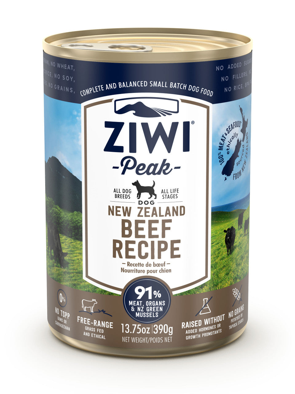 The ZIWI Peak Canned Beef Recipe for Dogs, featuring a mountainous landscape design, highlights 91% meat, organs, and seafood content. Made with New Zealand grass-fed beef, it offers premium nutrition for your pet.