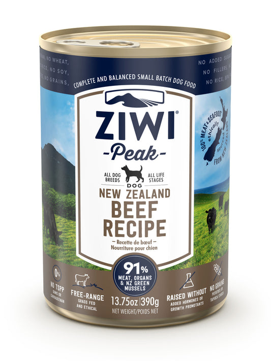 The ZIWI Peak Canned Beef Recipe for Dogs, featuring a mountainous landscape design, highlights 91% meat, organs, and seafood content. Made with New Zealand grass-fed beef, it offers premium nutrition for your pet.
