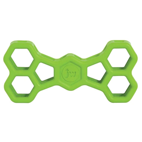 Green natural rubber dog treat toy in a hexagonal lattice shape, known as a Your Whole Dog Hol-ee Bone.