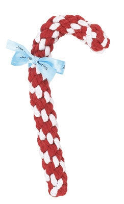 A Jax & Bones: Candy Cane Rope Toy by Your Whole Dog, shaped like a candy cane with a blue ribbon tied near the top. This non-toxic toy doubles as doggie dental floss, keeping your pet entertained and their teeth clean.