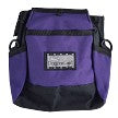 A compact, purple and black bag with a rectangular label on the front, featuring multiple compartments, perfect as the Doggone Good Rapid Rewards Treat Pouch by Your Whole Dog for any dog trainer.