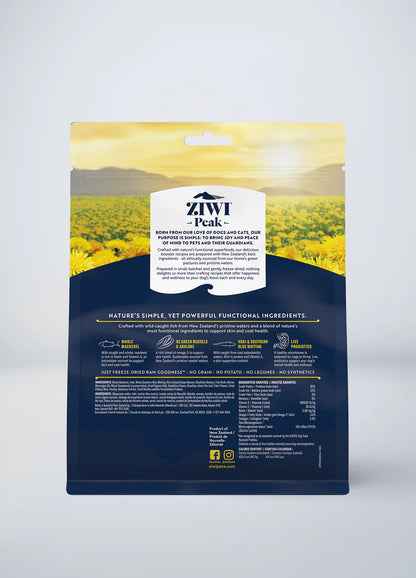 Packaged pet food SALE: ZIWI Peak Freeze-Dried Raw Skin & Coat Health with a field of flowers graphic design, including superfoods for skin and coat health by Your Whole Dog.