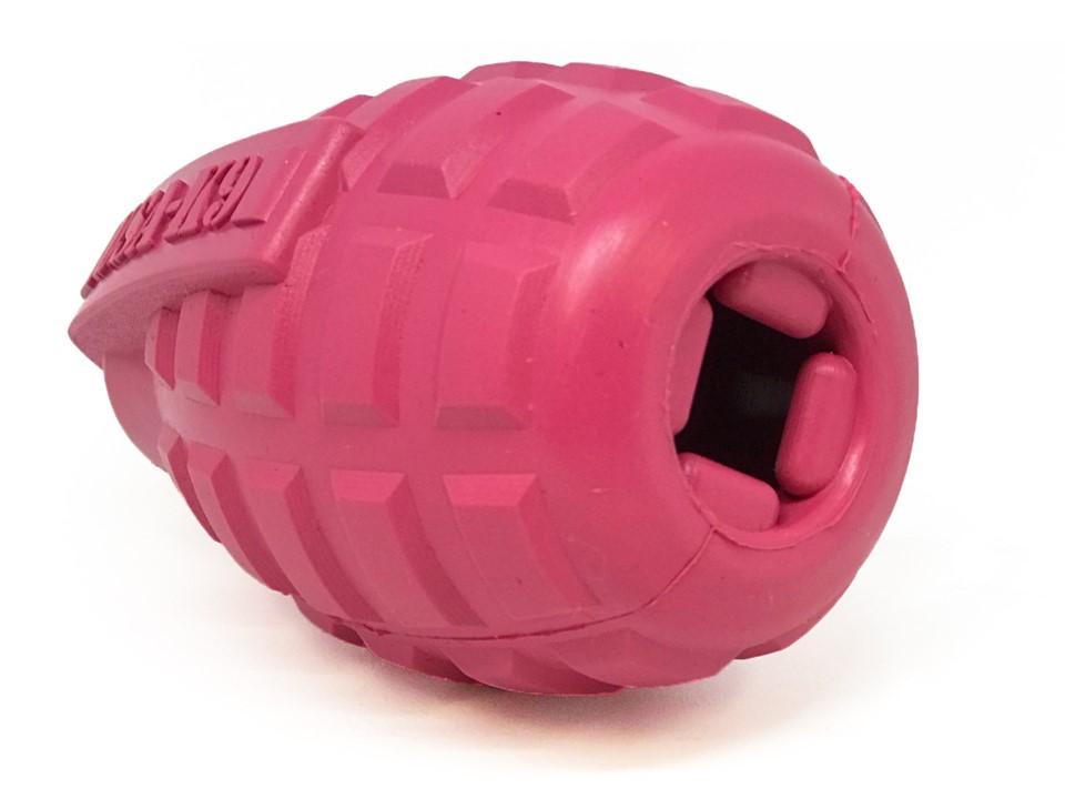 A CLEARANCE: Soda Pup GRENADE TOY & TREAT DISPENSER (PINK - for teething puppies) by Your Whole Dog, set against a white background.