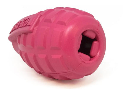A CLEARANCE: Soda Pup GRENADE TOY & TREAT DISPENSER (PINK - for teething puppies) by Your Whole Dog, set against a white background.