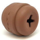 The $10 CLEARANCE Soda Pup HAMBURGER Chew Toy & Treat Dispenser from Your Whole Dog is a brown, barrel-shaped rubber toy with a cross-shaped opening—perfect for dog enrichment and treat dispensing.